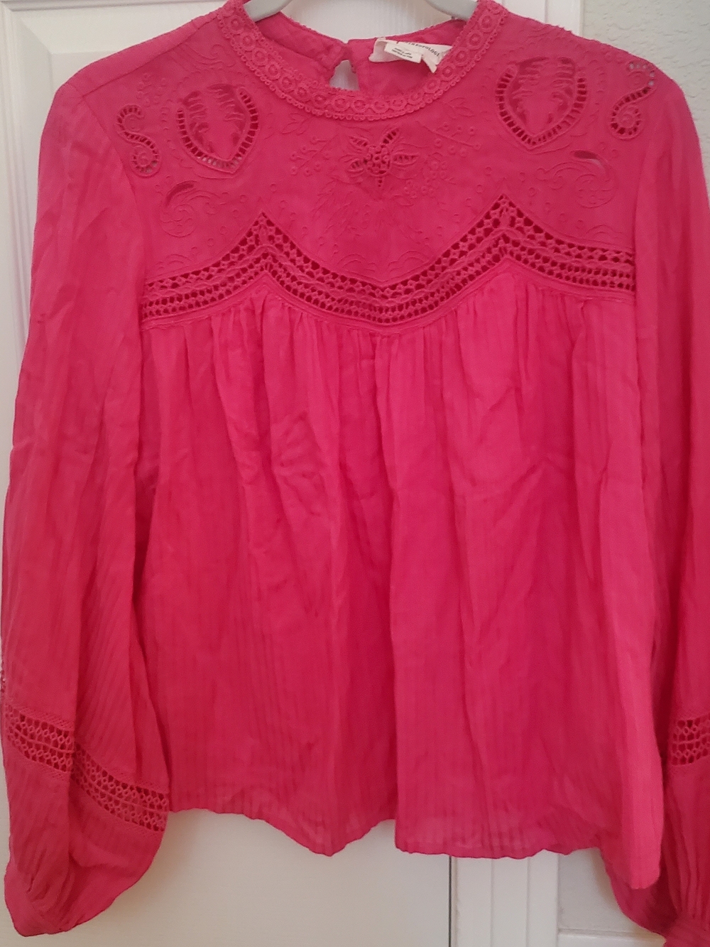 Anthropologie Hot Pink Embroidered Peasant Blouse